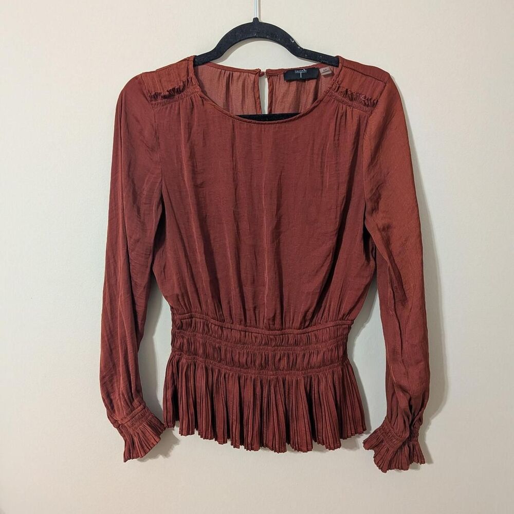 T Tahari Rust Orange Boho Smocked Waist Peplum Blouse Long Sleeve Pleated Top